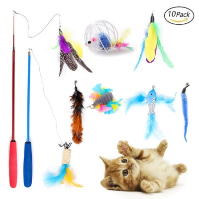 New design cat accessories feather wand teaser pet toy 10Pcs pack set interactive cat toy