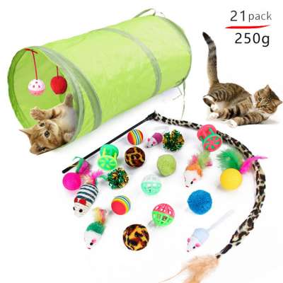 Amazon Hot Sale 21Pcs/Pack Retractable Cat Toy Wand Kitten Cat Pet Toy Wire Chaser Wand Teaser Feather Toys with Cat Tunnel